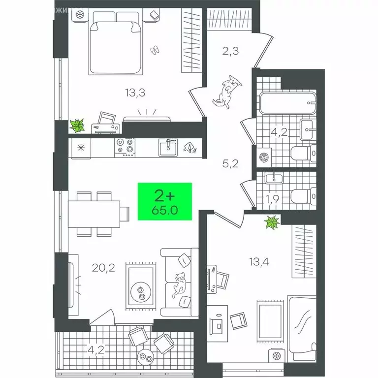 2-комнатная квартира: Тюмень, улица Николая Глебова, 10 (65 м) - Фото 2