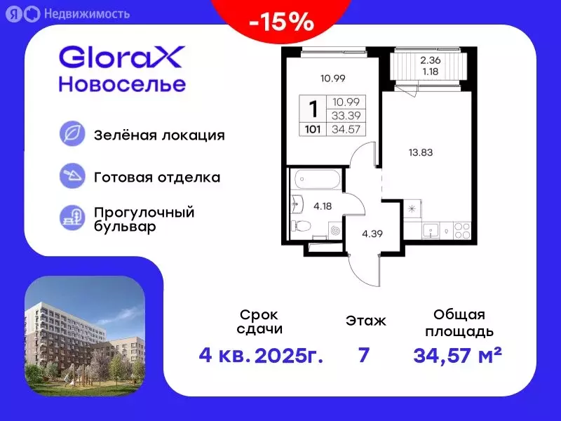 1-комнатная квартира: Новоселье, ЖК Глоракс Новоселье (34.57 м) - Фото 0