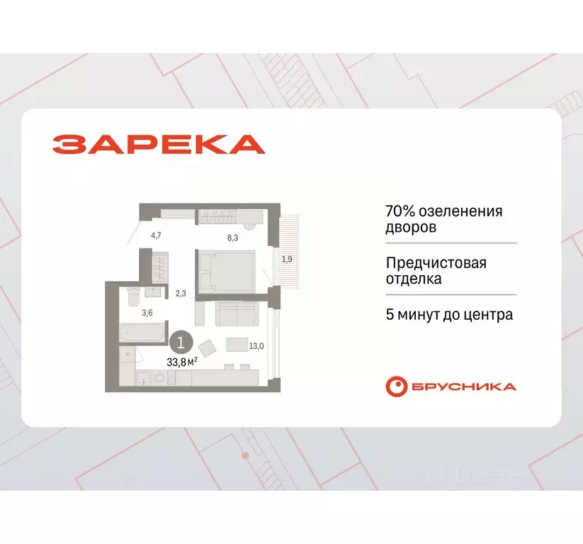 1-к кв. Тюменская область, Тюмень Зарека жилой комплекс (33.77 м) - Фото 0