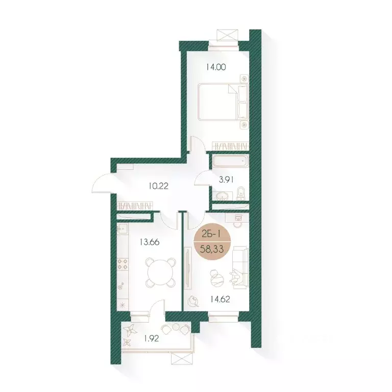 2-к кв. Татарстан, Казань ул. Родины, 20 (58.0 м) - Фото 1