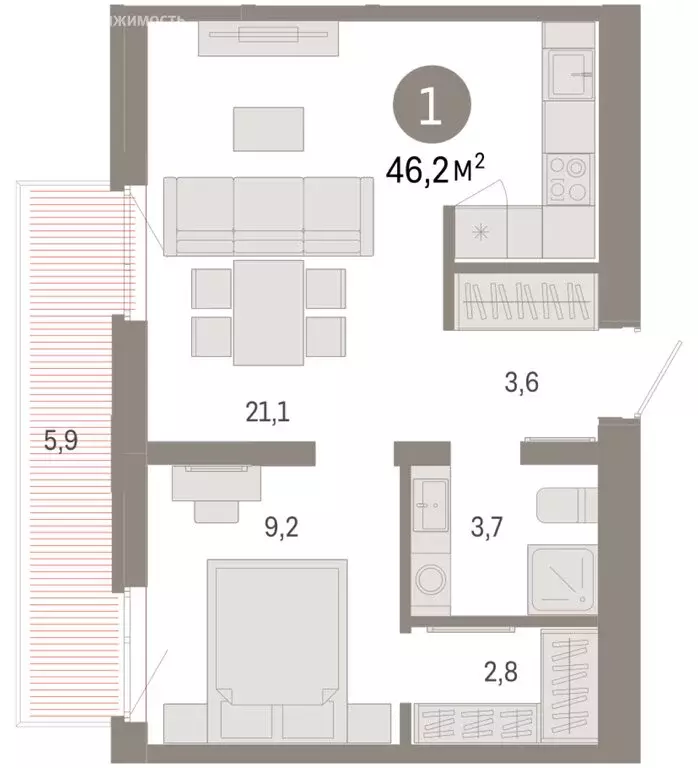 1-комнатная квартира: Тюмень, улица Республики, 205к3 (46.15 м) - Фото 1