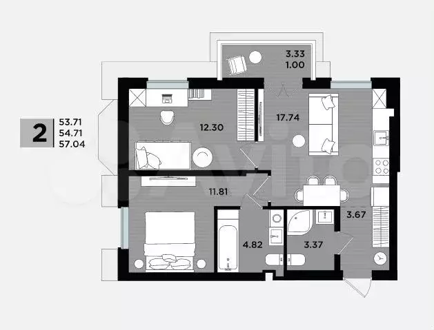 2-к. квартира, 57 м, 5/5 эт. - Фото 1