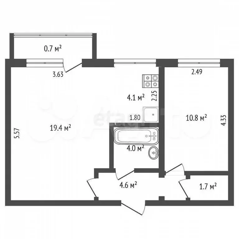 2-к. квартира, 44,8 м, 3/5 эт. - Фото 0