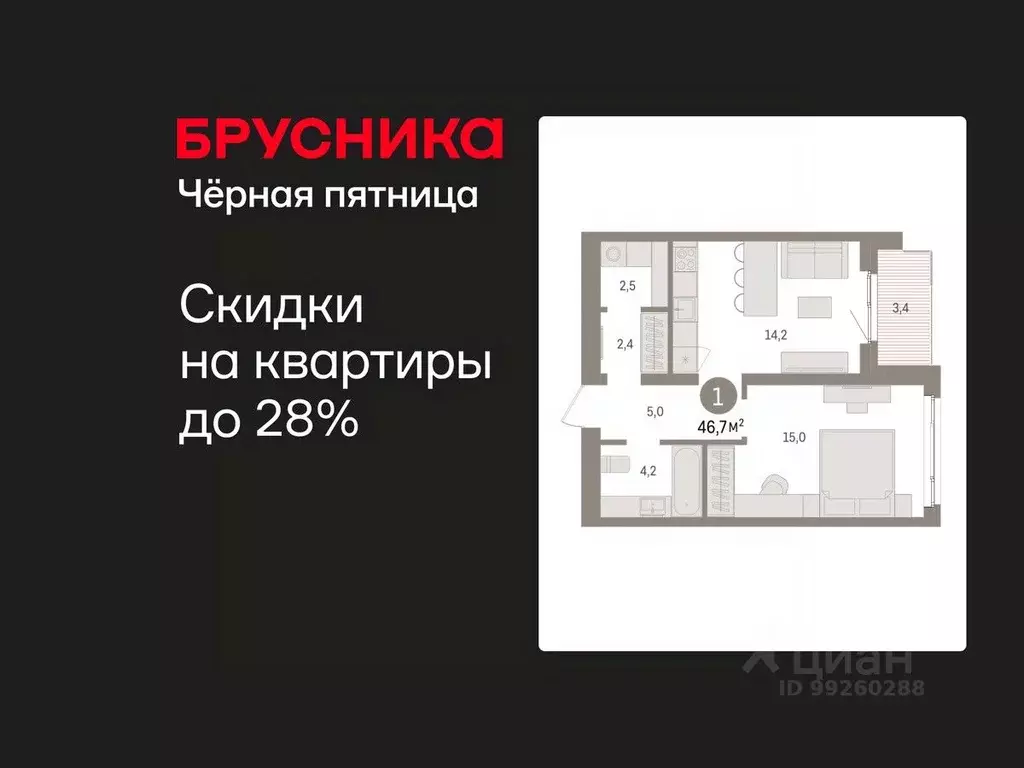 1-к кв. Свердловская область, Екатеринбург пер. Торфяной, 4 (46.7 м) - Фото 1