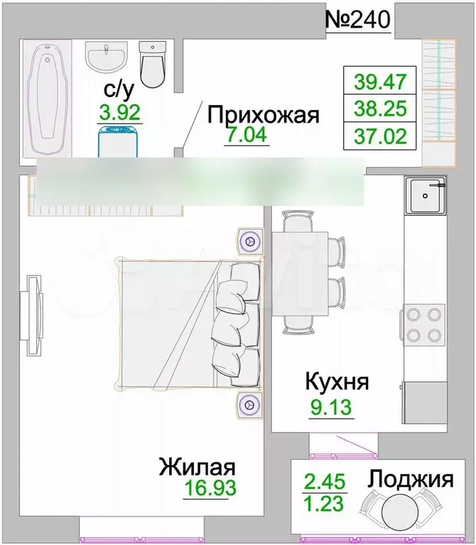 1-к. квартира, 38,3 м, 4/9 эт. - Фото 1