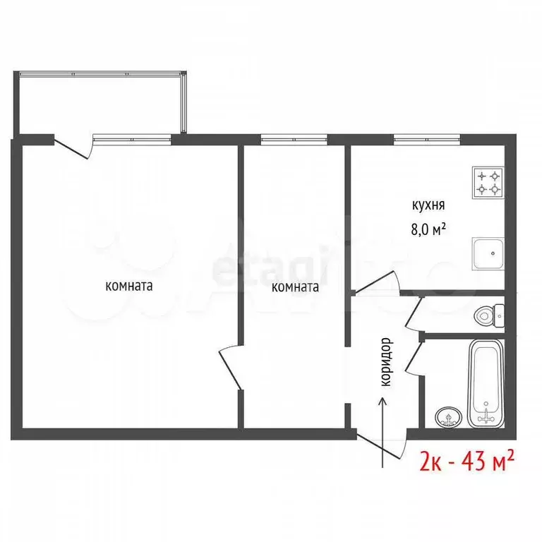 2-к. квартира, 43 м, 4/9 эт. - Фото 1