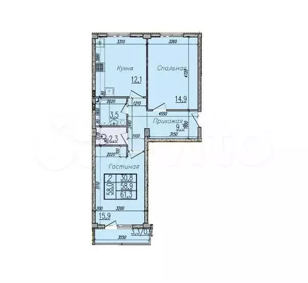 2-к. квартира, 59,5 м, 2/5 эт. - Фото 1