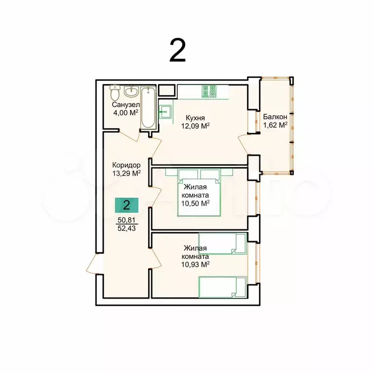 2-к. квартира, 52,4 м, 8/9 эт. - Фото 0