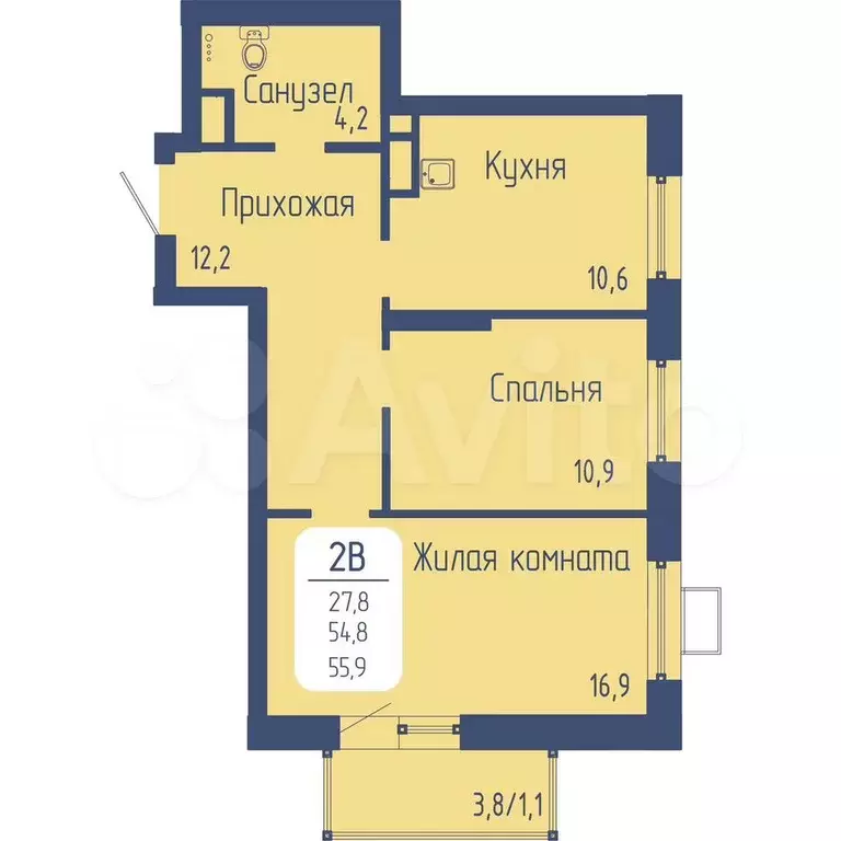 2-к. квартира, 55,9 м, 19/24 эт. - Фото 0
