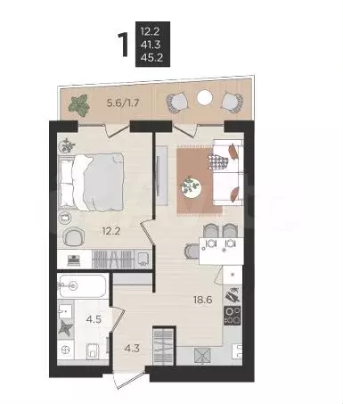 1-к. квартира, 41,3 м, 2/4 эт. - Фото 1
