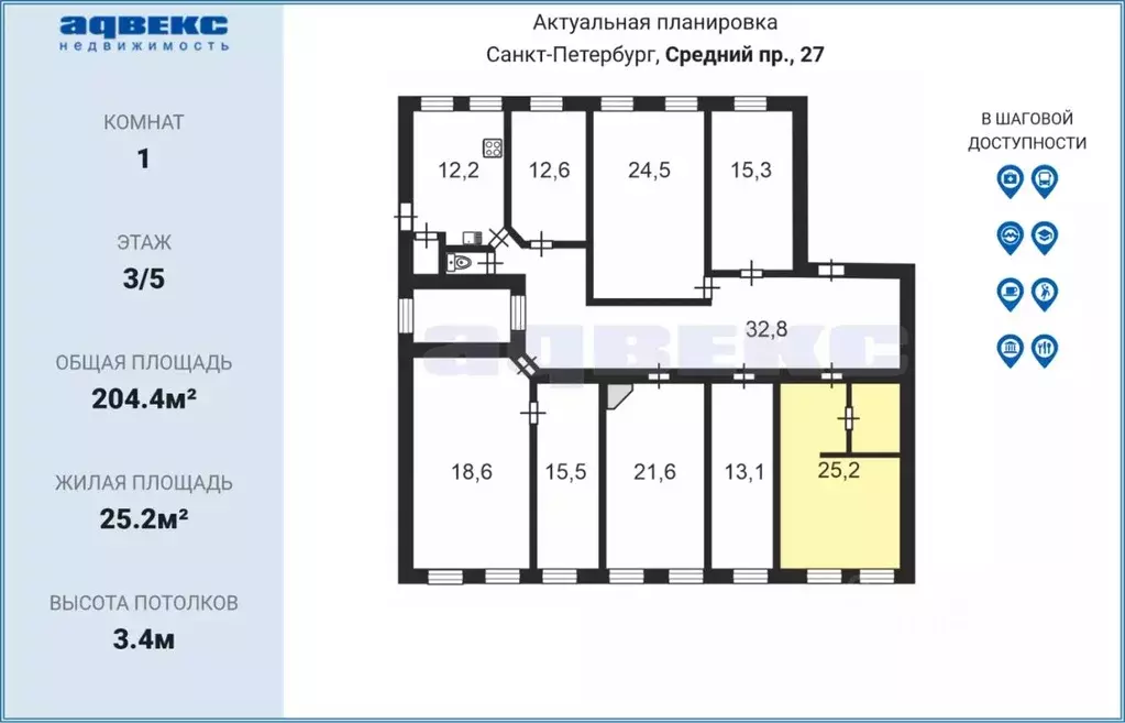 Комната Санкт-Петербург просп. Средний Васильевского острова, 27 (25.2 ... - Фото 1