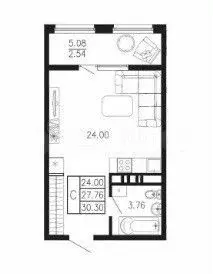 Квартира-студия, 30,3 м, 3/8 эт. - Фото 0