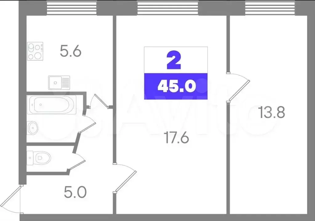 2-к. квартира, 45 м, 1/5 эт. - Фото 0