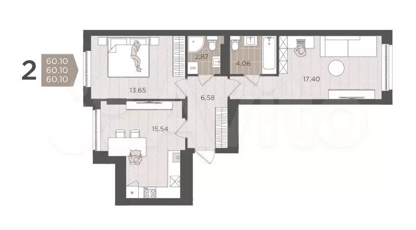 2-к. квартира, 60 м, 4/9 эт. - Фото 1
