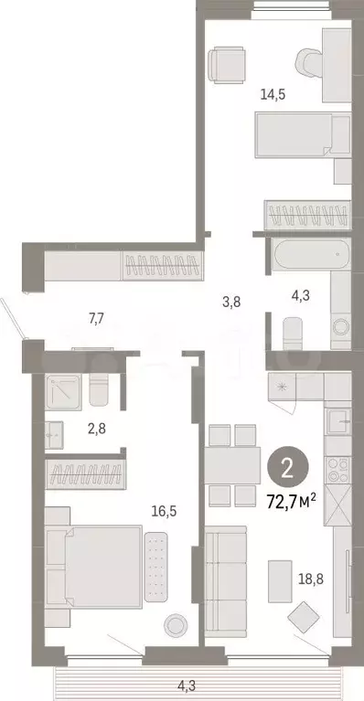 2-к. квартира, 72,7 м, 6/12 эт. - Фото 1