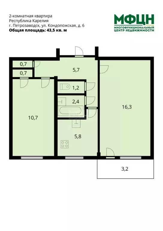 2-к кв. Карелия, Петрозаводск Кондопожская ул., 6 (43.5 м) - Фото 2