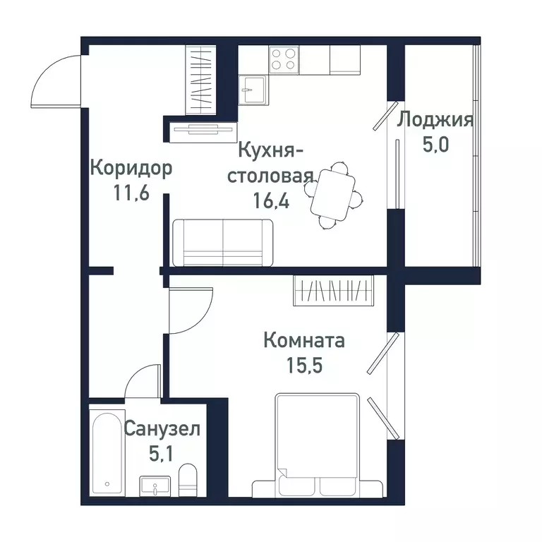 1-к квартира, 48.5 м - Фото 0