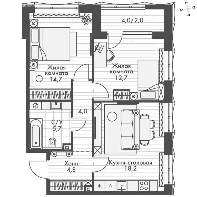 2-комнатная квартира: Нижний Новгород, историческая территория Старый ... - Фото 2