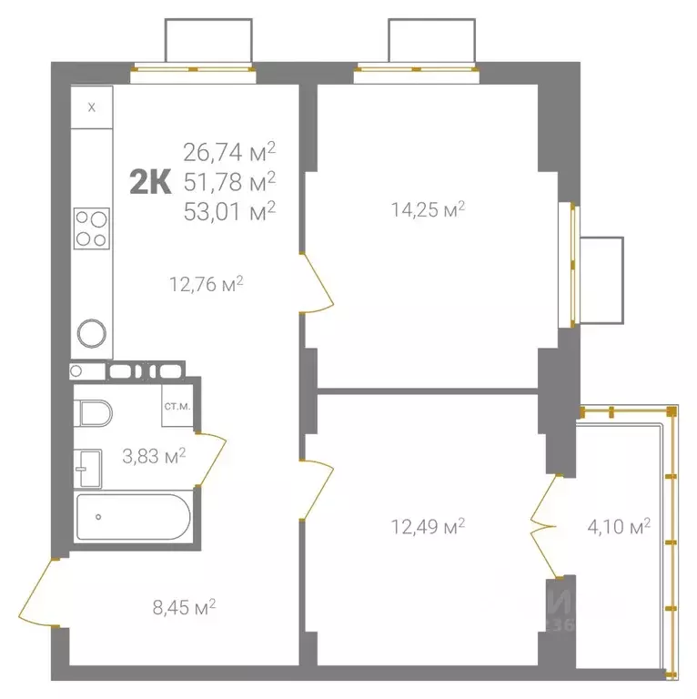 2-к кв. Нижегородская область, Нижний Новгород Ветеринарная ул. (53.01 ... - Фото 2