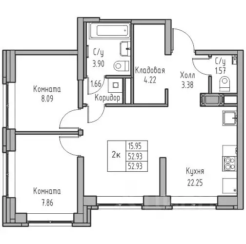 2-к кв. Санкт-Петербург ул. Ивинская, 1к4 (53.08 м) - Фото 1