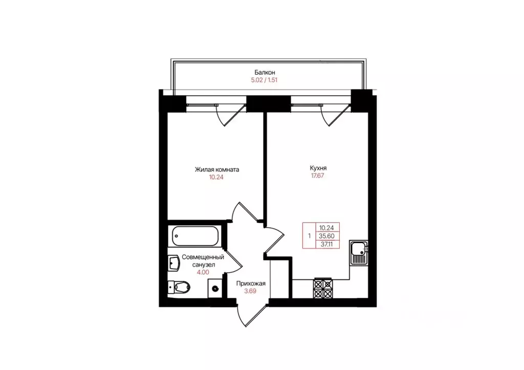 1-к кв. Татарстан, Казань Лето жилой комплекс (37.11 м) - Фото 2