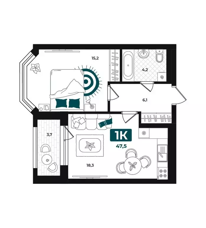 1-комнатная квартира: Тюмень, улица Евгения Войнова, 8 (47.5 м) - Фото 1