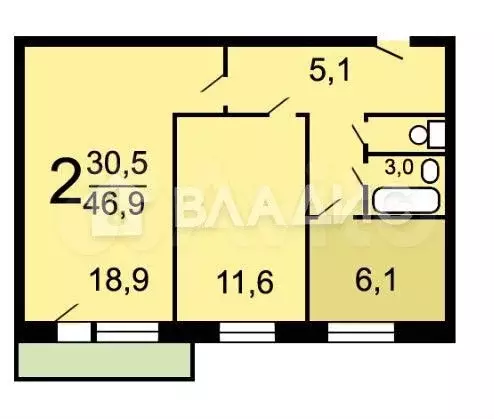 2-к. квартира, 46,9 м, 8/9 эт. - Фото 0