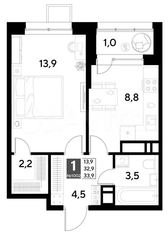 1-к. квартира, 33,9 м, 16/21 эт. - Фото 0