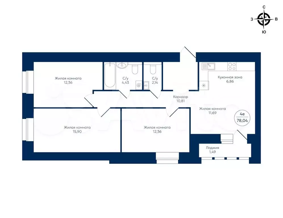 3-к. квартира, 78м, 5/9эт. - Фото 1