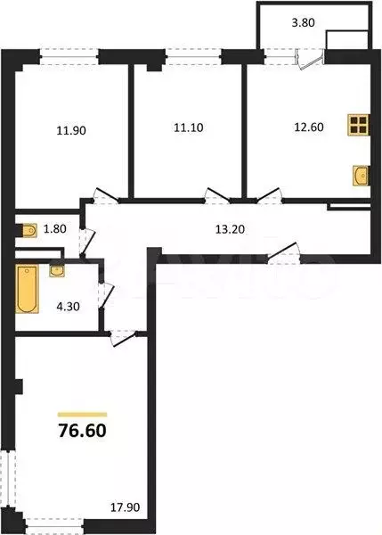 3-к. квартира, 76,6 м, 8/9 эт. - Фото 1