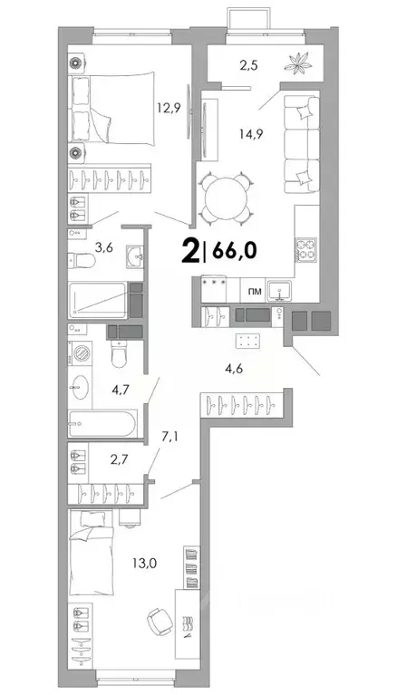 2-к кв. Владимирская область, Владимир Уно жилой комплекс (66.0 м) - Фото 1