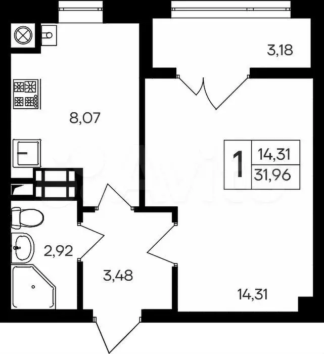 1-к. квартира, 32 м, 1/9 эт. - Фото 0