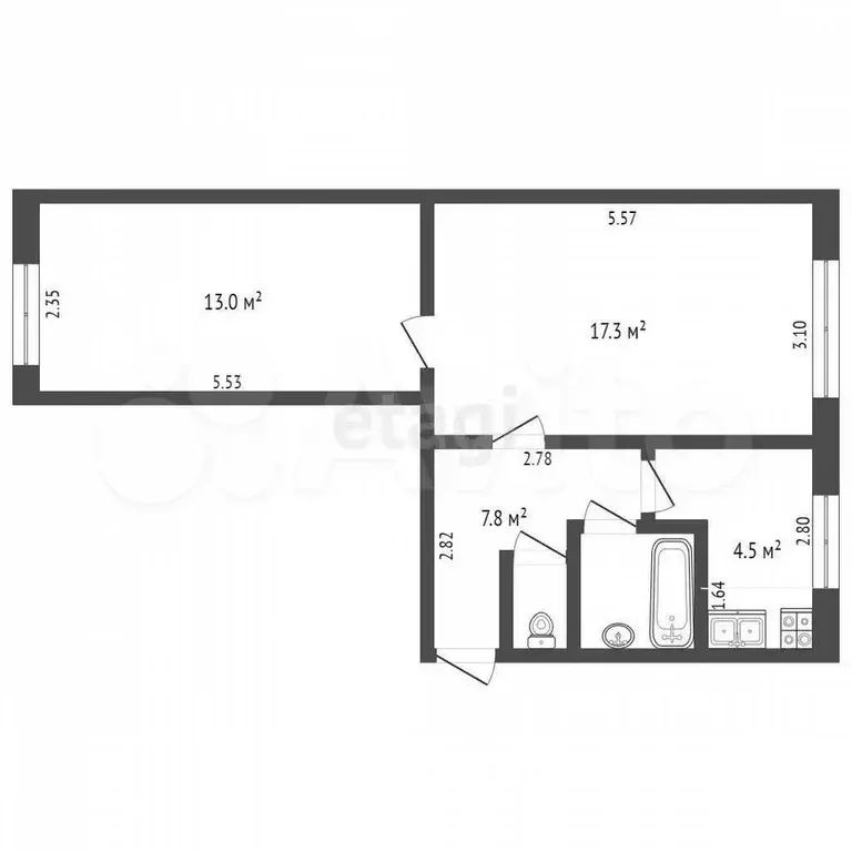 2-к. квартира, 44,6 м, 1/2 эт. - Фото 0