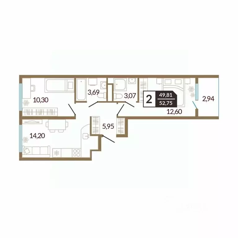 2-к кв. Тюменская область, Тюменский район, д. Дударева  (52.79 м) - Фото 0