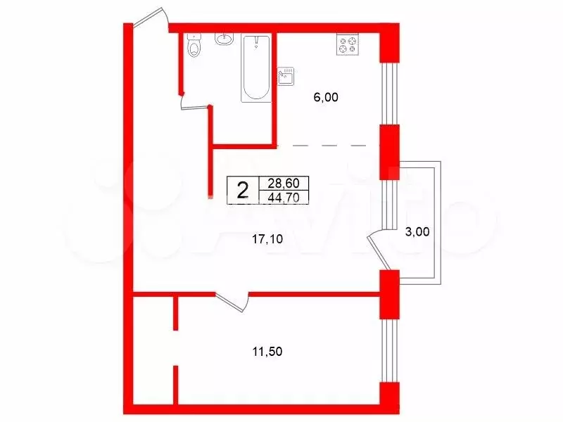 2-к. квартира, 44,7 м, 2/5 эт. - Фото 0