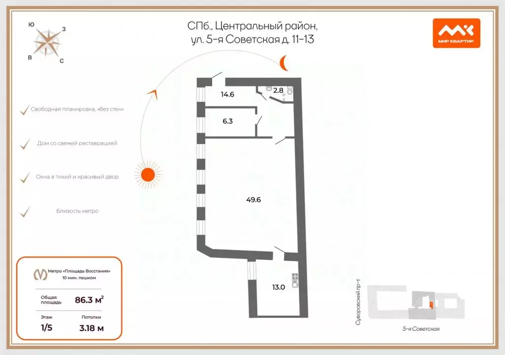 Свободной планировки кв. Санкт-Петербург 5-я Советская ул., 11-13 ... - Фото 2