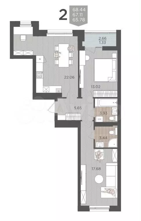 2-к. квартира, 68,4 м, 9/9 эт. - Фото 1