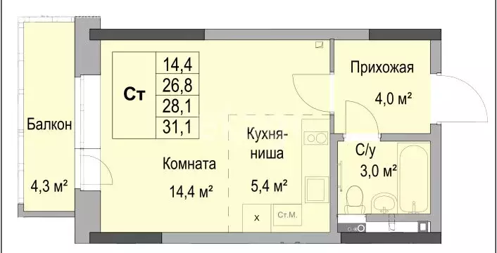 Квартира-студия: Ижевск, Ботеневский переулок, 30к1 (31.1 м) - Фото 1