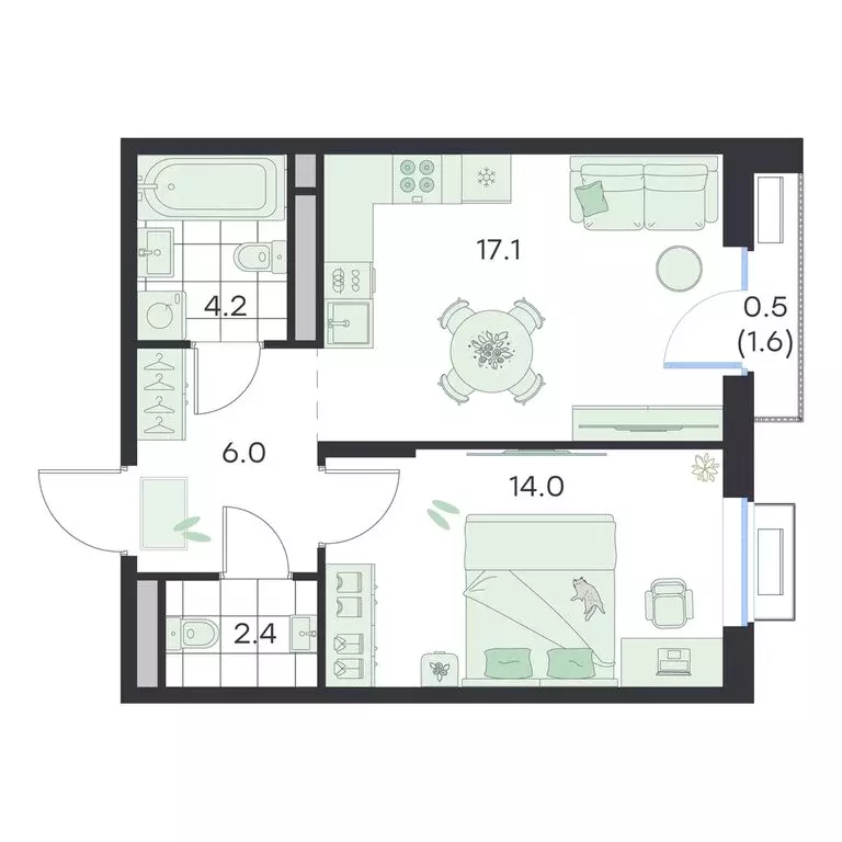 1-комнатная квартира: Раменское, ЖК G3 Михалевич (44.2 м) - Фото 1