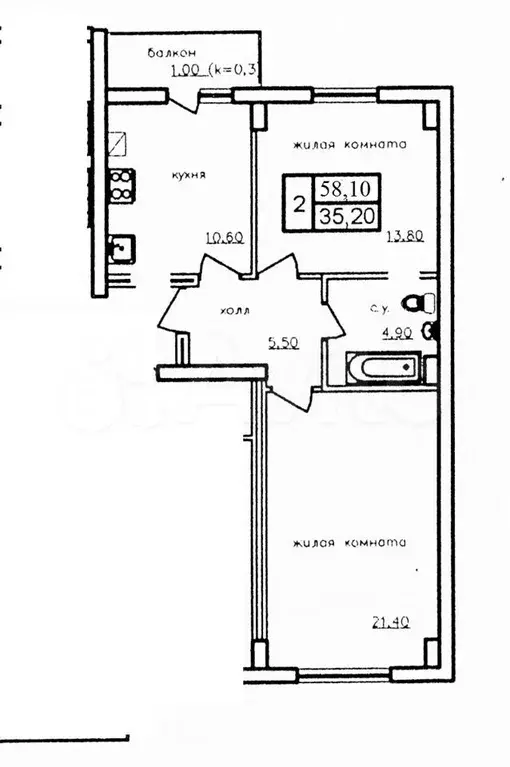 2-к. квартира, 58,1 м, 7/8 эт. - Фото 0