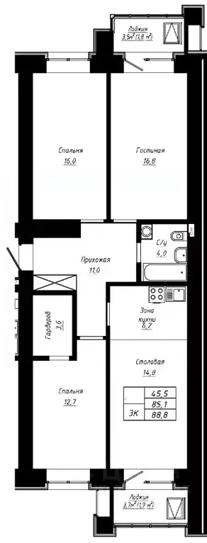 3-к кв. Алтайский край, Барнаул ул. Сухэ-Батора, 39 (88.8 м) - Фото 1