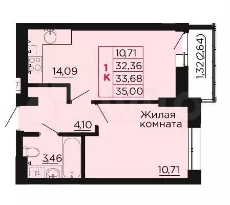 1-к. квартира, 33,7 м, 5/9 эт. - Фото 0