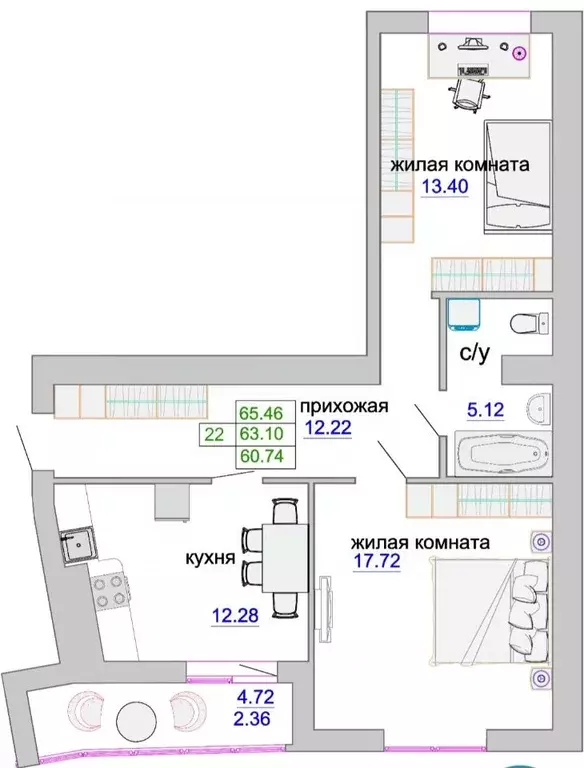 2-к кв. Калининградская область, Зеленоградск ул. Тургенева (63.0 м) - Фото 1