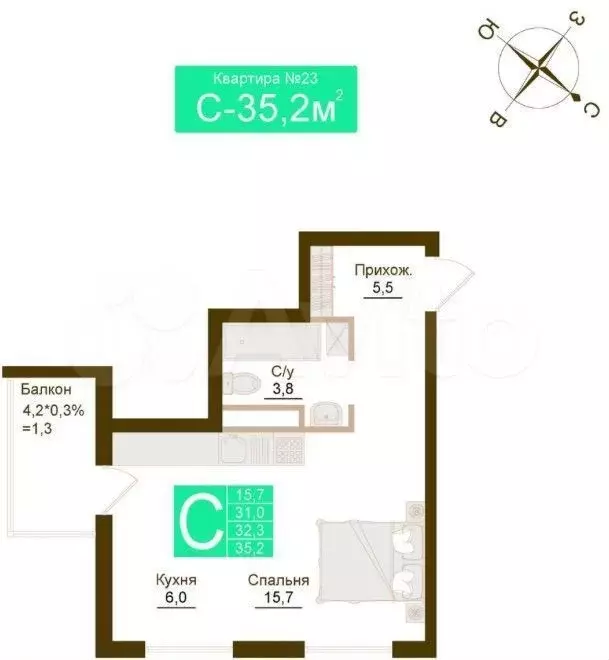 Квартира-студия, 35,2 м, 5/12 эт. - Фото 1