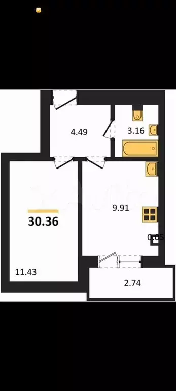 1-к. квартира, 31,7 м, 6/9 эт. - Фото 1