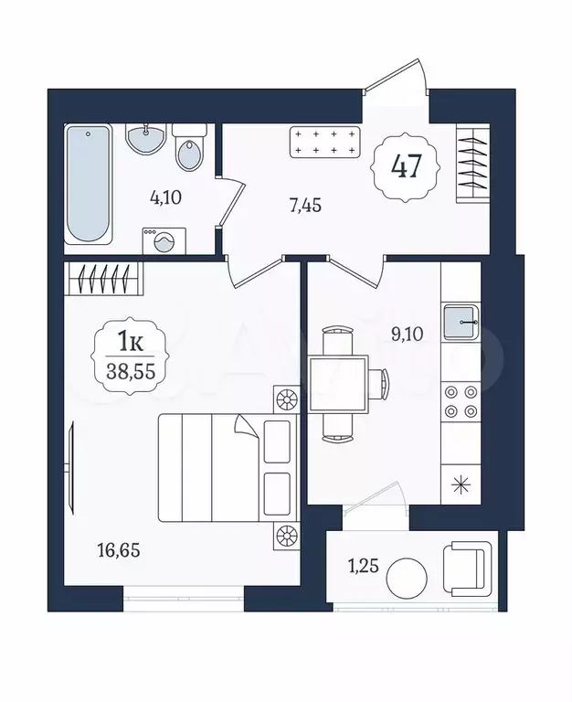 1-к. квартира, 38,6 м, 3/9 эт. - Фото 1