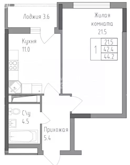 1-комнатная квартира: Липецк, ул. Тельмана (44.2 м) - Фото 1