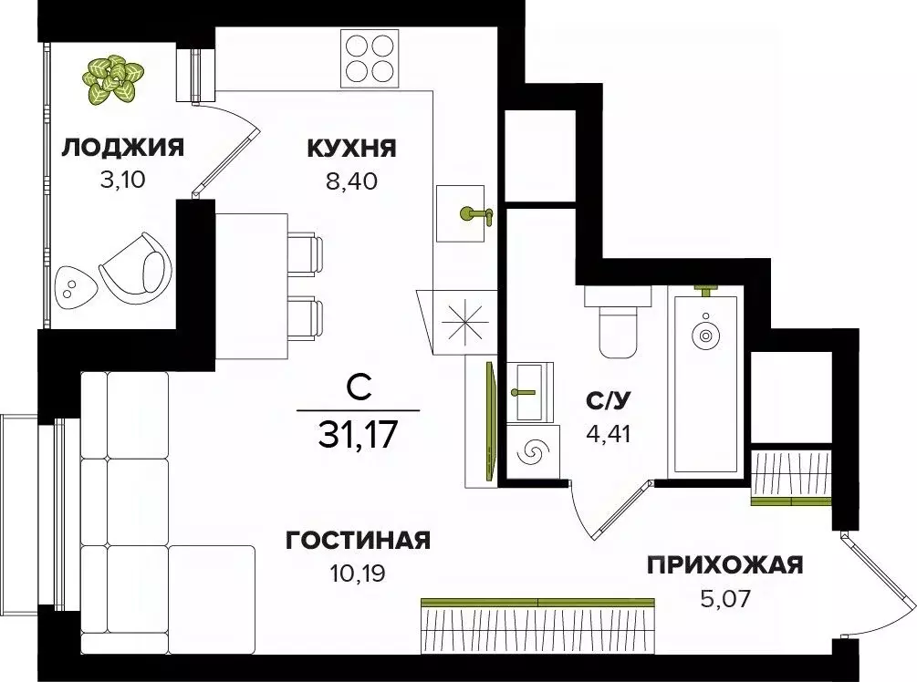 Студия Тульская область, Тула ул. Академика Насоновой (31.17 м) - Фото 1