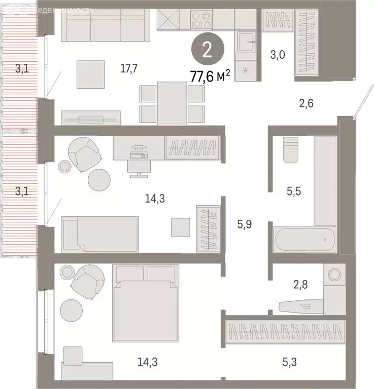 2-комнатная квартира: Екатеринбург, улица Советских Женщин (77.6 м) - Фото 2