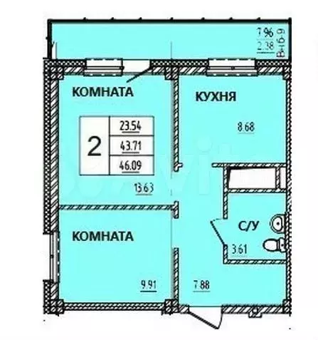 2-к. квартира, 46,2 м, 3/15 эт. - Фото 0